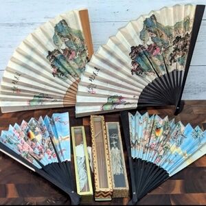Vintage Asian Wall Fan Lot Large Landscape & Bird Floral Decorative Folding Fans